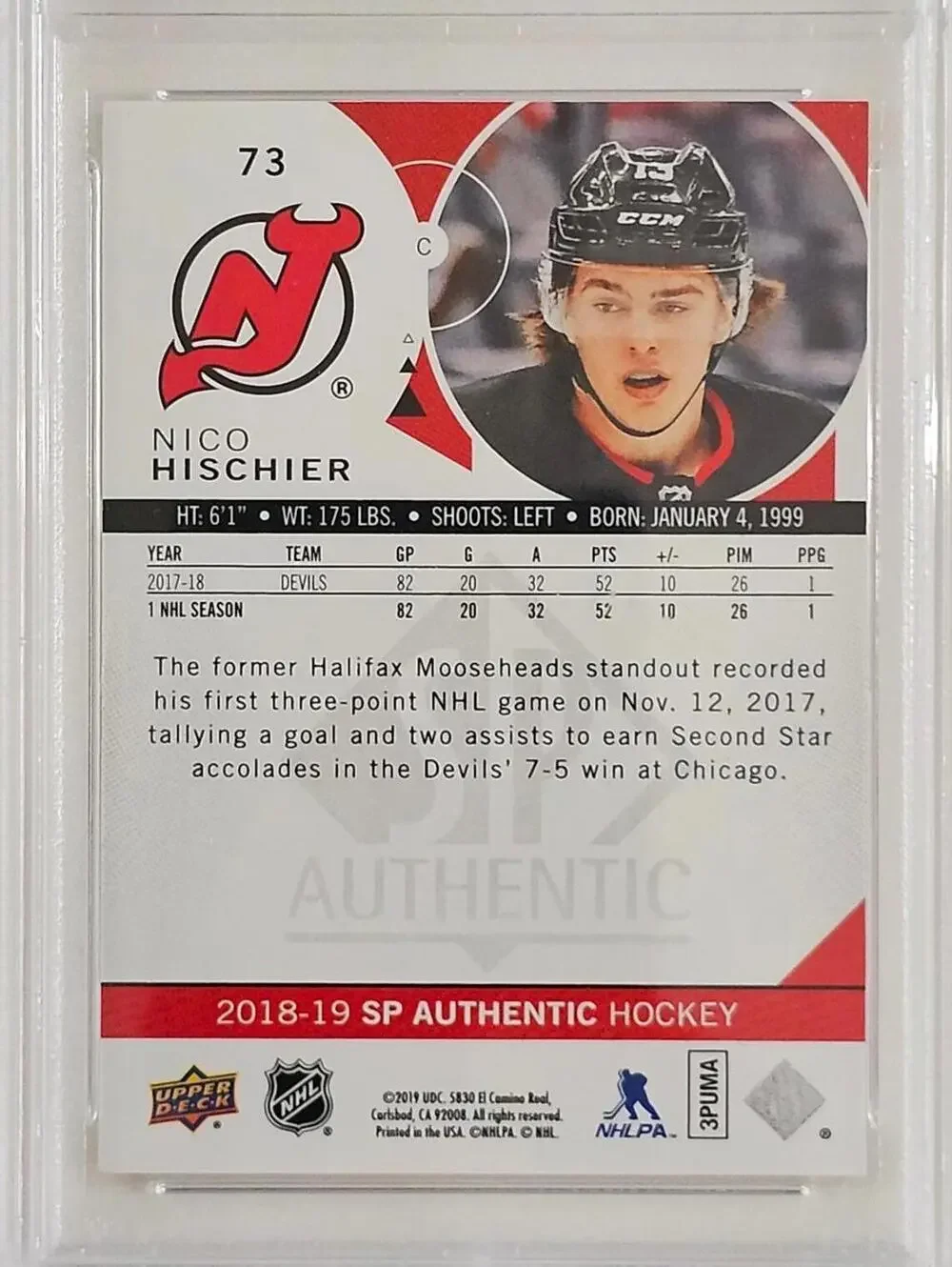 Nico Hischier 2018-19 SP Authentic Hockey Trading Card Autographed